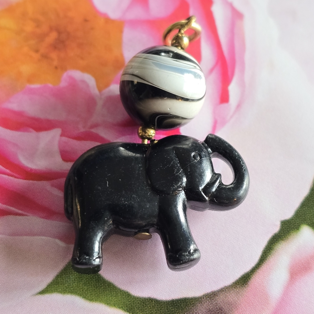 Elephant pendant black and white charm safari animal trunk up